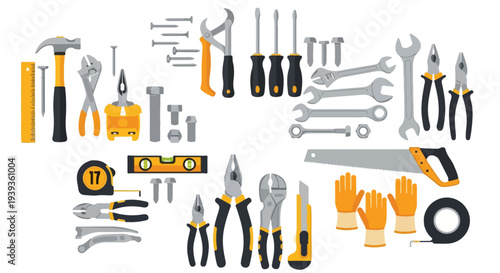 A flat lay composition of various hand tools and equipment on a clean white background with a predominantly orange, yellow, and gray color palette.
