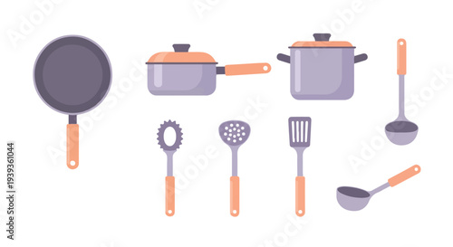Flat lay illustration of assorted kitchen utensils and cookware in purple and orange hues against a clean white background.