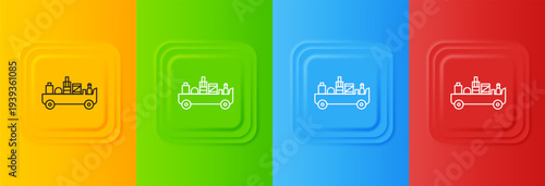 White Airport luggage towing truck icon isolated on colorful background. Airport luggage delivery car. Set icons in square buttons. Vector