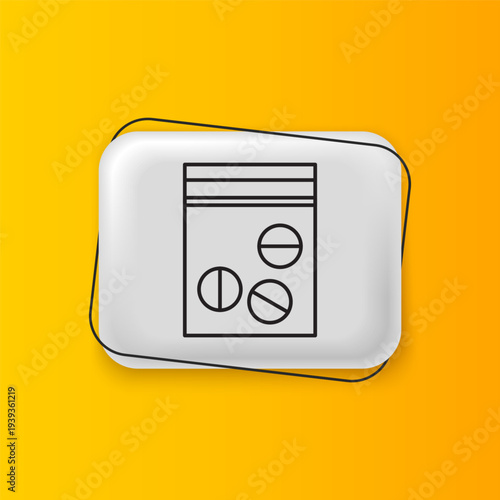 Black Plastic bag of drug icon isolated on yellow background. Health danger. Silver rectangle button. Vector