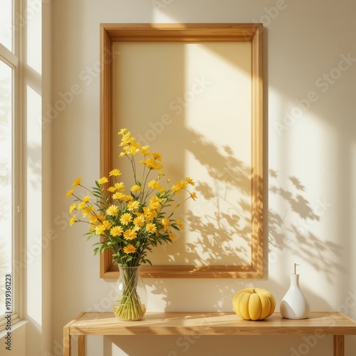 Bright Yellow Flower Vase on Wooden Table with Empty Frame Casting Soft Shadows in Modern Interior