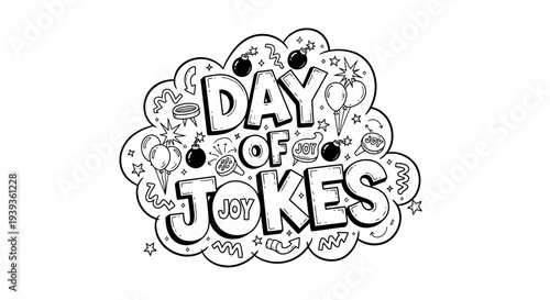 Day of jokes celebration with joyful illustrations and text on white background for humor and fun