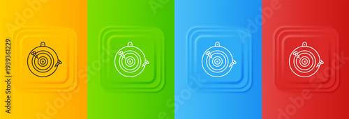 White Classic dart board and arrow icon isolated on colorful background. Dartboard sign. Game concept. Set icons in square buttons. Vector