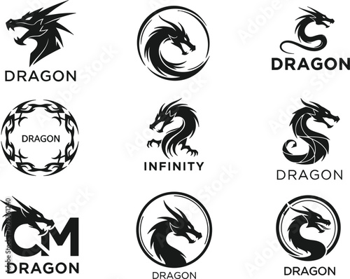 Black dragon logo vector collection featuring various mythical creature silhouettes in circular frames and tribal styles for brand identity and gaming.