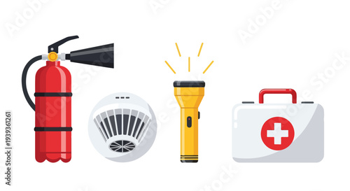 Flat lay of emergency equipment including a fire extinguisher, smoke detector, flashlight, and first aid kit on a white background.
