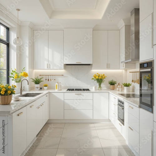 Bright Modern Kitchen Interior with White Cabinets and Fresh Yellow Flowers in Sunlit Space