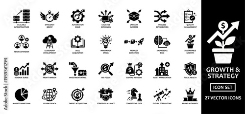 Growth and Strategy solid icon set. Containing icons related to Resilient Infrastructure, Efficiency Boost, Automation Grid, Creative Sparking, Market Shifting, and Forward Momentum