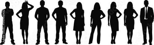 Silhouettes of diverse individuals standing together, showcasing unique postures, attire, and personalities, representing unity, diversity, and professional roles