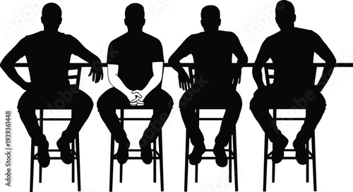 People silhouettes seated on stools, bar counter illustration, casual sitting poses vector, social gathering graphic, human posture silhouettes