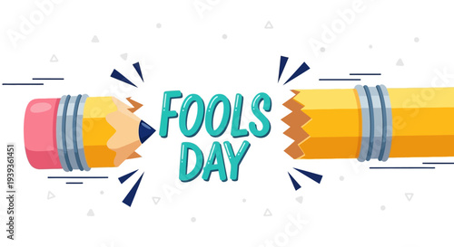 Two broken pencils with fools day text on white background symbolizing pranks and jokes on april 1st