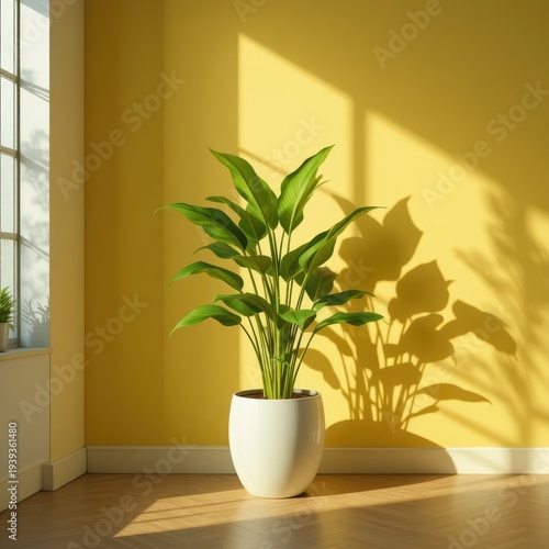 Lush Green Potted Plant Casting A Shadow On A Bright Yellow Wall In A Modern Interior