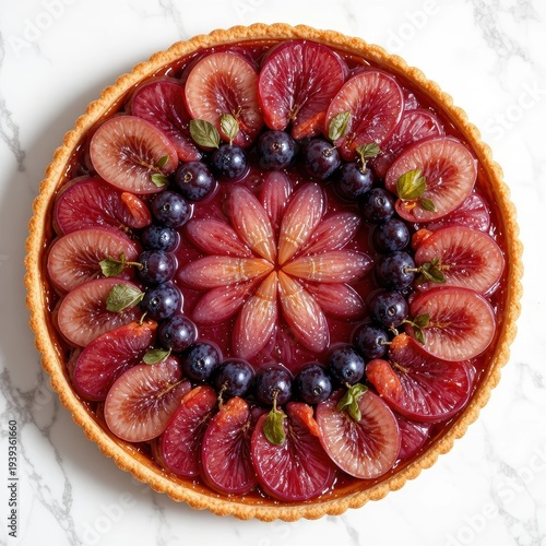 Colorful Fruit Tart with Fresh Figs and Blueberries Arranged in a Circular Pattern on a Marble Table