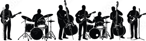 Silhouettes of musical band with instruments, vector illustration of drummers, guitarists, bass players, vocalist artwork, performance theme, entertainment concept