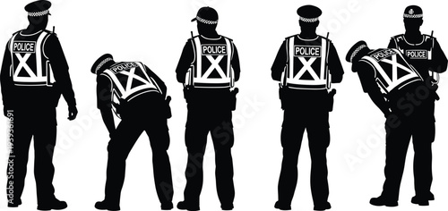   
Police officer silhouettes in uniform vests with marked backs, law enforcement figures, security personnel vector illustration design