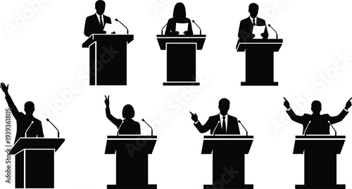 Public speaking silhouettes, podium debate scenes, leadership presentation poses, political speech gestures, communication vector illustration artwork design