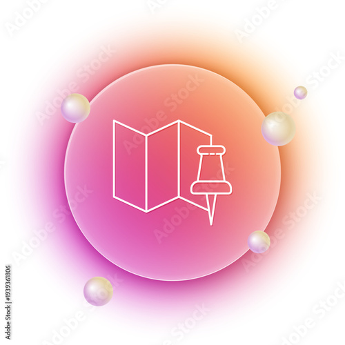 White Folded map with push pin icon isolated on white background. Orange and pink gradient circle background. Vector