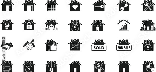 Real estate housing icons with property, buying, selling, renting, finance, security, management, investment, transaction, home ownership, mortgage, deal, silhouette design