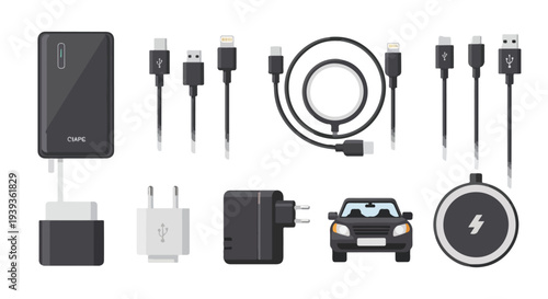 Flat lay of various electronic accessories and car charger on a white background with a focus on cables and adapters.