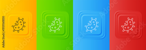 White Virus icon isolated on colorful background. Corona virus 2019-nCoV. Bacteria and germs, cell cancer, microbe, fungi. Set icons in square buttons. Vector