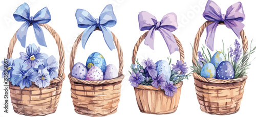 Easter eggs in a colorful basket isolated on white background