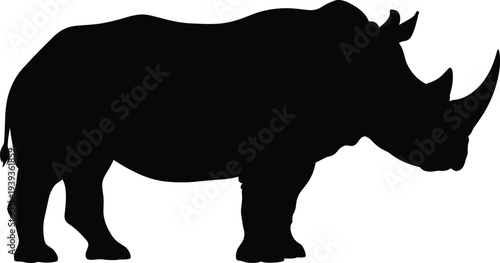 Rhinoceros silhouette with prominent horns, thick legs and strong body, wildlife vector illustration for nature, conservation, animal strength, design