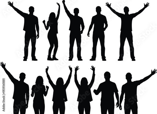 Silhouettes of people in dynamic poses, raising arms, waving, standing with hands on hips, expressive gestures, unity, diversity, celebration illustration