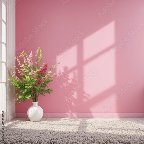 Bright, Cozy Interior With Pink Walls and Floral Arrangement Casting Soft Shadows in Sunlight