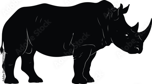 Rhinoceros silhouette with two horns, thick body and short legs, wildlife vector illustration for nature, conservation, strength, animal design