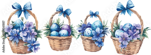 A colorful wicker basket filled with traditional painted Easter eggs and spring flowers rests on green grass as a seasonal holiday decoration