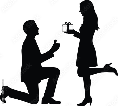 Romantic silhouette proposal with engagement ring, couple exchanging gifts, love celebration illustration, marriage concept, relationship moment, vector art design
