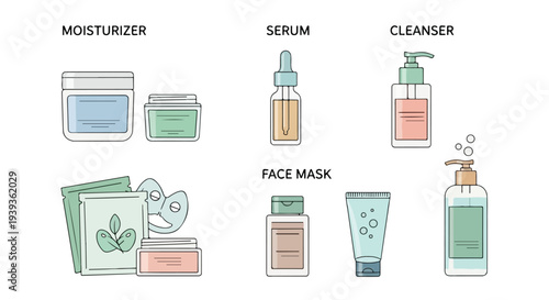 Flat lay illustration of various skincare products including moisturizer, serum, cleanser, face mask on a white background with green and orange hues.