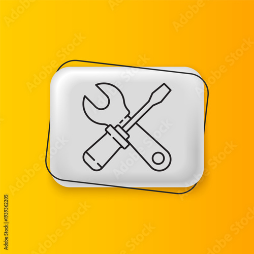 Black Screwdriver and wrench spanner tools icon isolated on yellow background. Service tool symbol. Silver rectangle button. Vector