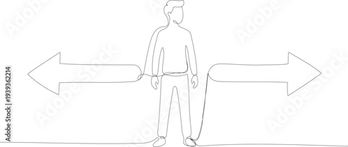 Continuous one line drawing of man standing between two opposite arrows, minimalist vector illustration of making a choice, decision path, and future direction concept.