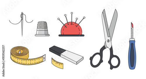 Flat lay illustration of various sewing tools and supplies on a white background including scissors and tape measure.