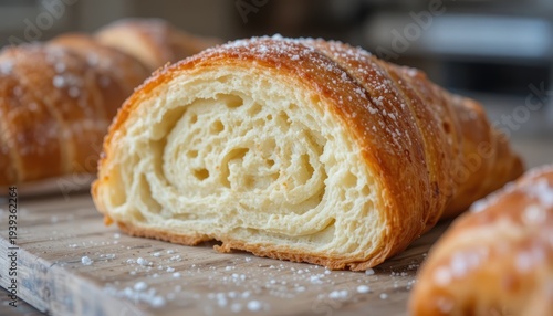 Freshly Baked Croissant with Flaky Layers and Light Dusting of Sugar on Rustic Wooden Surface