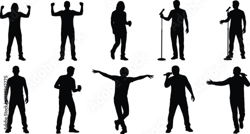 Silhouettes of people performing, speaking, singing, walking, raising arms, expressive poses, victory gestures, microphone actions, communication, presentation