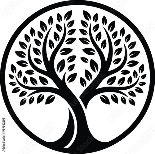 Stylized tree illustration inside circular border with symmetrical trunks, branches and leaves symbolizing growth, life and nature