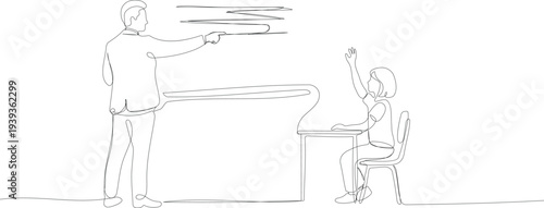Continuous one line drawing of teacher pointing at student in classroom, minimalist professor and pupil education concept, mentor guiding student vector illustration on white.