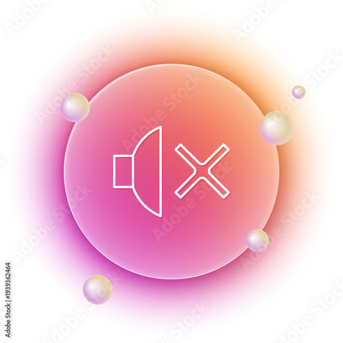 White Speaker mute icon isolated on white background. No sound icon. Volume Off symbol. Orange and pink gradient circle background. Vector