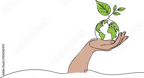Continuous one line drawing of hand holding earth globe with growing plant, minimalist vector illustration of environmental protection, sustainability and ecology concept.