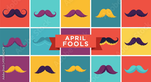 Colorful mustache collection for april fools' day celebration with various styles and vibrant backgrounds