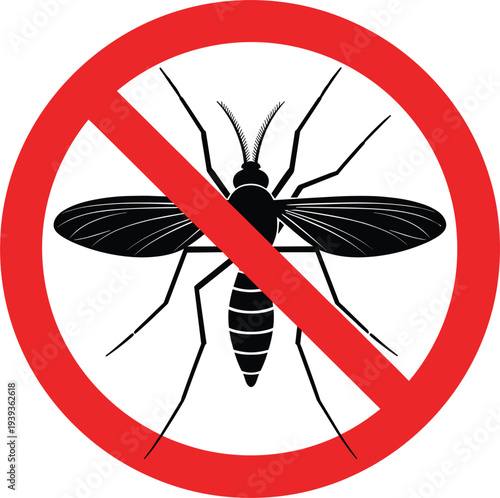 Warning sign illustration featuring a black mosquito silhouette behind a red prohibition symbol for pest control insect repellent and disease prevention concepts