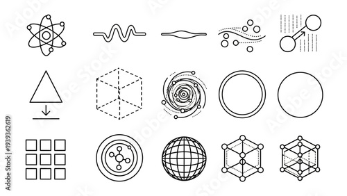 Diverse collection of line art icons illustrating scientific principles, abstract data representation, and fundamental geometric forms for technological and educational design projects