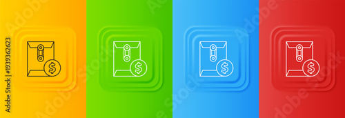 White Envelope with coin dollar symbol icon isolated on colorful background. Salary increase, money payroll, compensation income. Set icons in square buttons. Vector