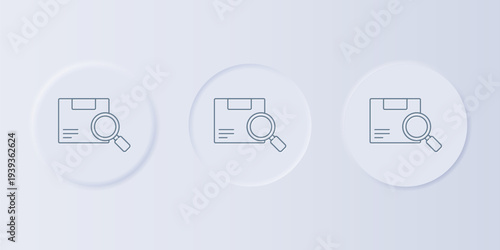 Grey Search package icon isolated on grey background. Parcel tracking. Magnifying glass and cardboard box. Logistic and delivery. Set icons in square buttons. Vector