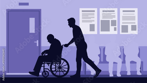 A dedicated caregiver provides essential support, gently pushing an elderly patient in a wheelchair through a hospital corridor, symbolizing compassionate healthcare and medical assistance
