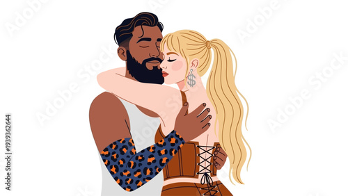 Vibrant illustration of a modern diverse couple sharing a tender embrace, symbolizing deep connection and affectionate relationship happiness