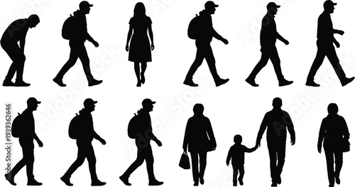 Silhouettes of people walking in diverse poses, adults and children with bags and backpacks, human motion illustration for design and animation