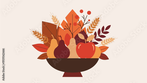 Autumn Harvest Still Life Arrangement in a Bowl with Fruits and Leaves
