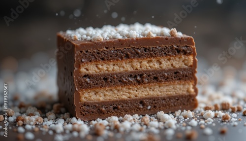 Delicious Chocolate Layered Dessert with Sprinkled Sugar on Dark Background